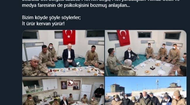 Bakan Soylu: "Yıllar sonra, 3 ay önce üstlendiğimiz Belbuka Üst Bölgesi sadece PKK'nın değil, PKK yardakçıları Yılmaz Özdil ve medya faresinin de psikolojisini bozmuş anlaşılan. Bizim köyde şöyle söylerler; İt ürür kervan yürür!"