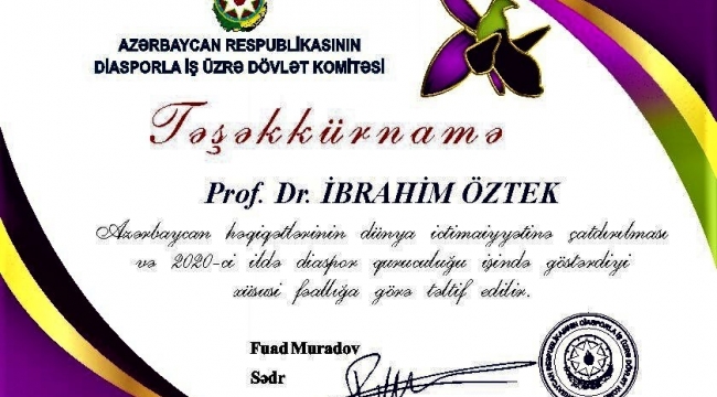 Prof. Dr. İbrahim Öztek'e Azerbaycan'dan "Teşekkürname"